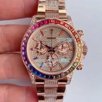 JH Factroy Rolex Iced Out Diamond Everose Daytona Watch Rainbow Bezel Swiss Made